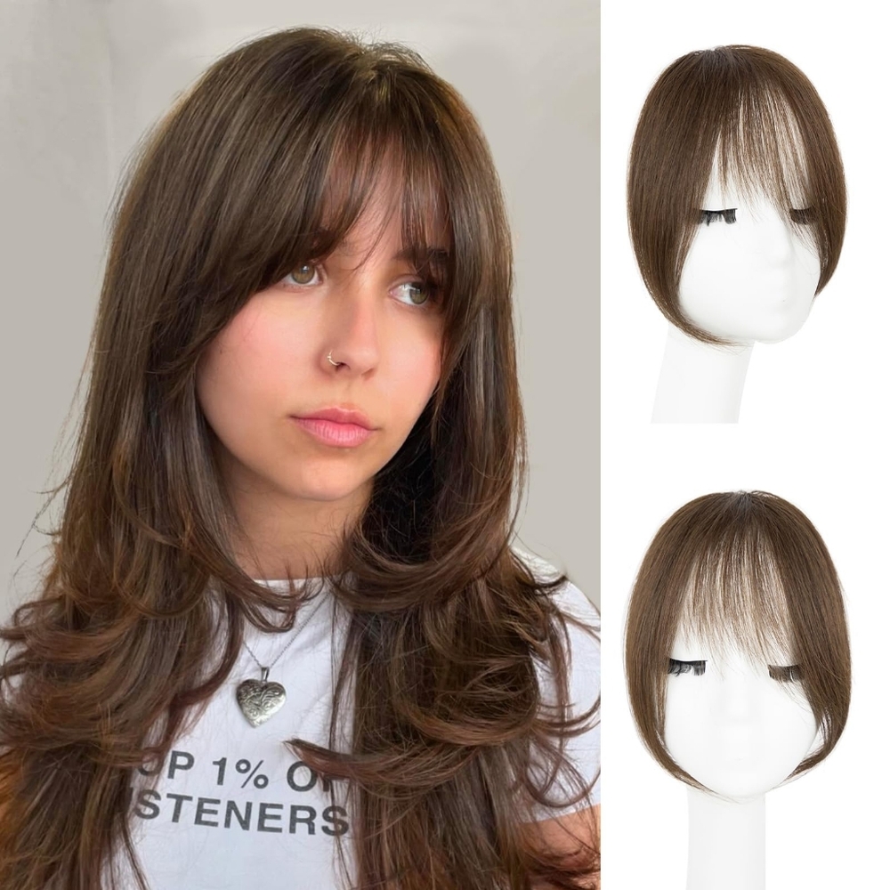 Real Human Hair Clip-In Bangs •‎ Medium Brown • Natural Curtain Fringe